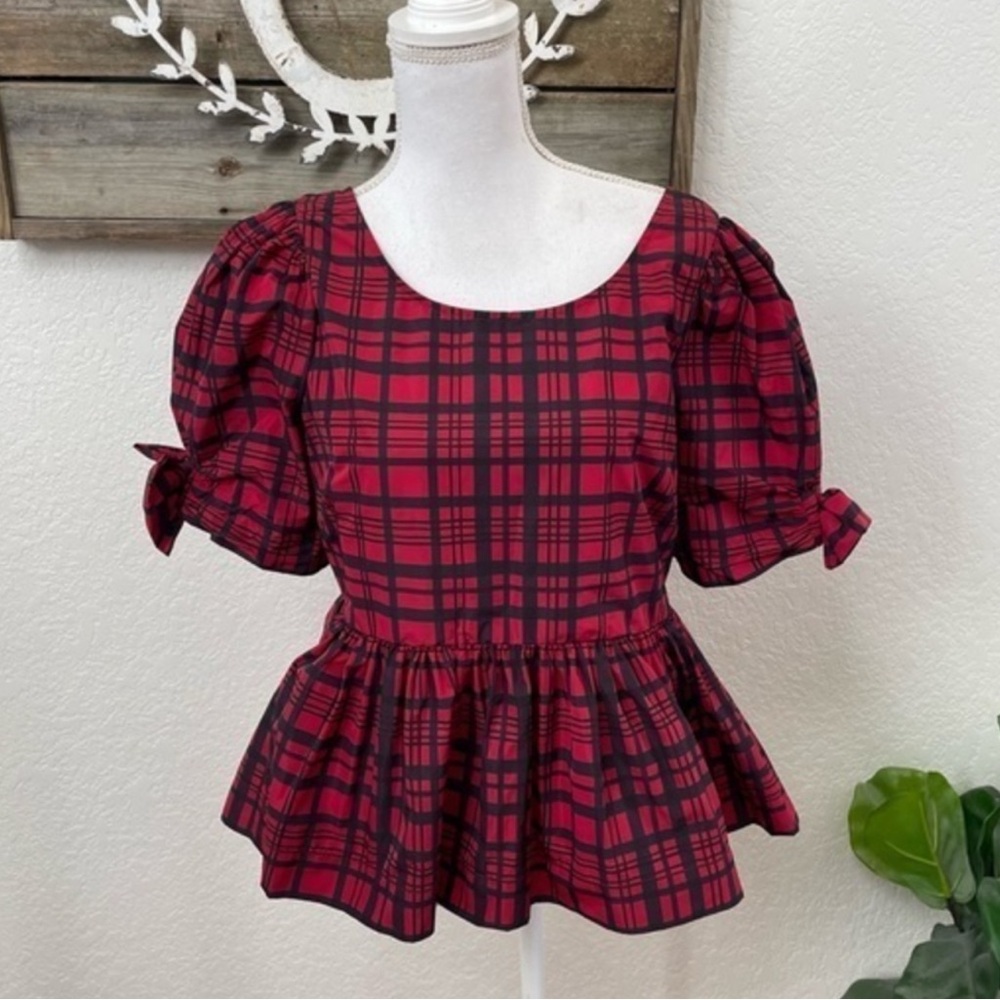 Loveshackfancy Keily red black‎ plaid peplum top size 2